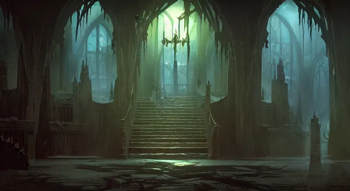 Prompt: dark sinister vampire lair interior by Marc Simonetti, adventure game