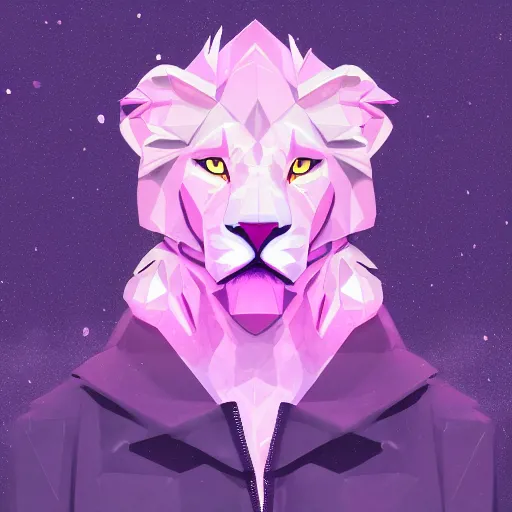 Prompt: aesthetic albino lion fursona portrait, commission of a anthropomorphic lion on fire, fursona wearing vaporwave stylish clothes, winter armosphere, pastel simple art, low poly