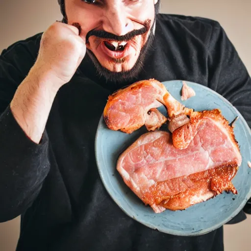 Image similar to man with guy fawkes mask eating pork chop