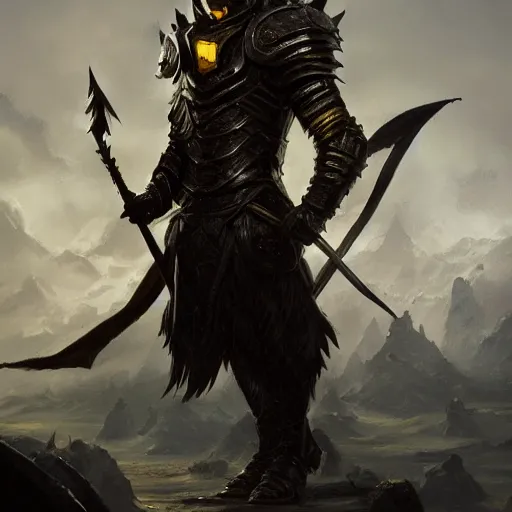 Image similar to anthropomorphic dragon warrior stands tall wearing black and gold plate armor, oil painting, Tooth Wu, Greg Rutkowski, RPG, dynamic lighting, fantasy art, High contrast, depth of field