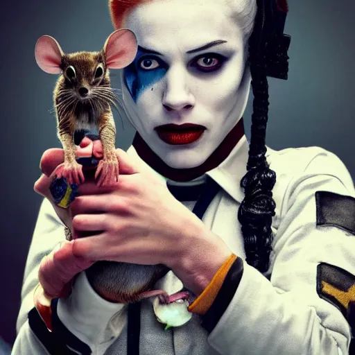 Image similar to ratcatcher 2 from the suicide squad, holding a cute rat in her hands, photo taken on a nikon, very detailed, 4k