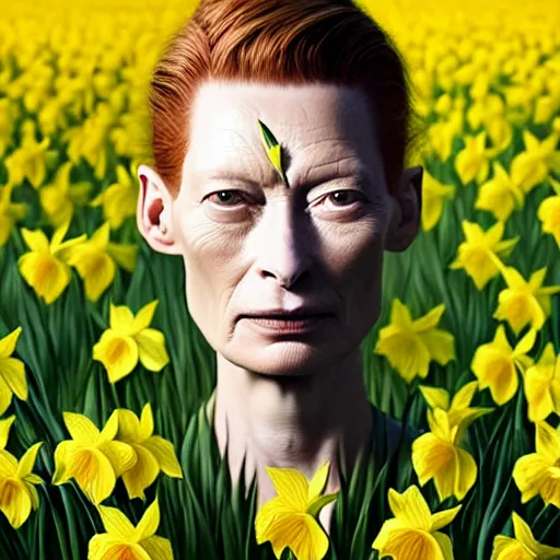 Image similar to medium shot, tilda swinton face fused with daffodil, head covered with leaves, inside the flower, daffodils field, highly detailed, unreal engine, 3 d art, digital art, painting by greg rutkowski