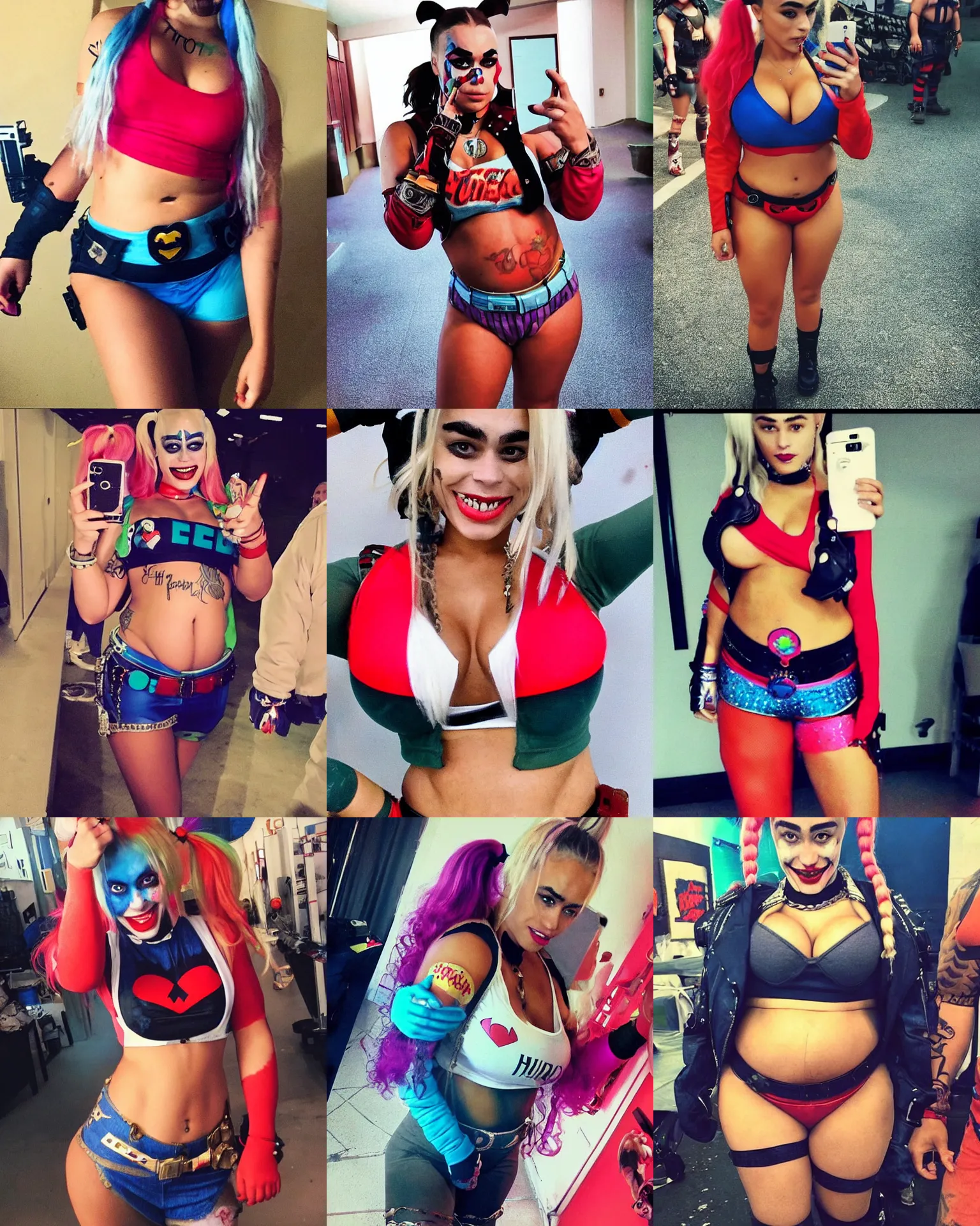 Prompt: a full - body selfie of sommer ray, with an extremely round and distended chubby belly, as harley quinn on the set of 2 0 1 6's suicide squad, focus on facial details, focus on her belly fat pressing against her clothes, instagram post, 8 k resolution