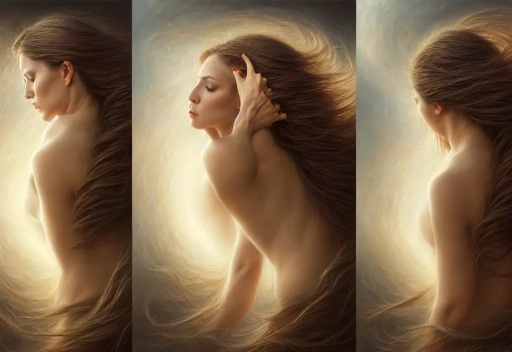 Image similar to picture split from the middle with an border, angels with different backroundsnon, intricate, elegant, highly detailed, realistic hair, centered, digital painting, art station, conceptual art, soft, sharp focus, illustration, artwork, artgerm, tomasz alen kopera, donato giancola, wlop, boris vallejo