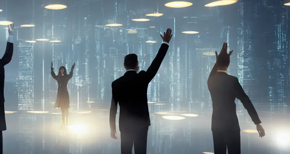 Image similar to Dramatic photo of a CEO waving goodbye to silhouettes of his coworkers in a futuristic office. Golden coins are levitating all around them. 8k, high detail, trending on Artstation, volumetric lighting, cyberpunk