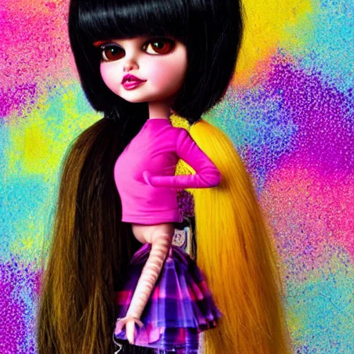 Prompt: A portrait of an extremely cute and adorable colorful vibrant holi nebula scarecrow Selena Gomez Bratz doll Dora with a modern futuristic hairstyle, painted by Mark Ryden and Margaret Keane in lowbrow pop surrealism style, modern flashy imposing background with black scribbles and wiggles