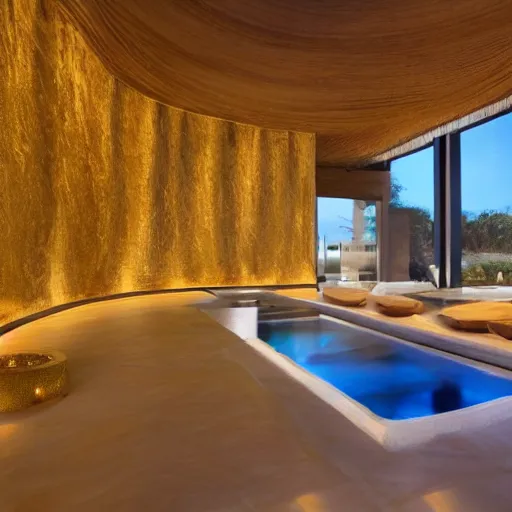 Image similar to interior of a 2 story spa with everything made of gold, candles, wellness pool, intricate detailed roof, contemporary design