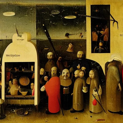 Prompt: inside a waffle makers house, angry, painting by hieronymus bosch,