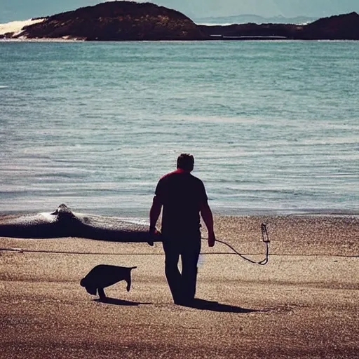 Image similar to “A photo of a man walking a whale on a leash like a dog”