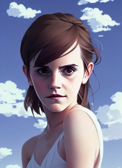 Image similar to portrait of a emma watson by ilya kuvshinov, cloudy sky background lush landscape illustration concept art anime key visual trending pixiv fanbox by wlop and greg rutkowski and makoto shinkai and studio ghibli