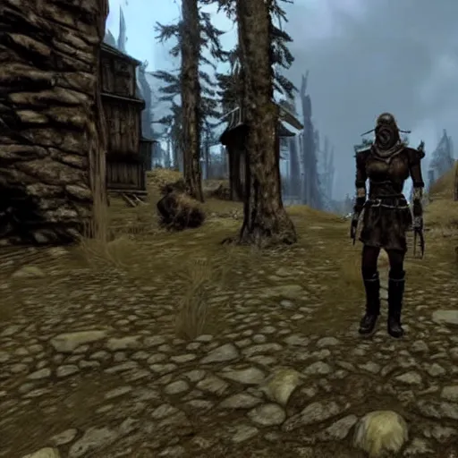 Prompt: walking through skyrim but all the NPCs are robots