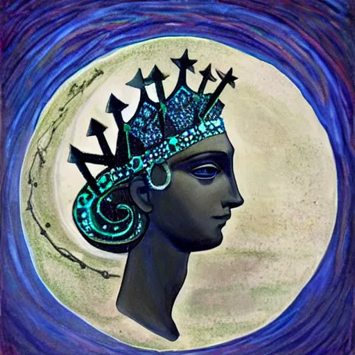 Image similar to Artemixel, the modern reincarnation of the old selenium god of hunt and moon, also known as Artemis the Selene, carrying the Crown of the Crescent Moon, wich has a bright and slightly bluish crescent like the brightness of the night. Portrait by Nicola Samuri