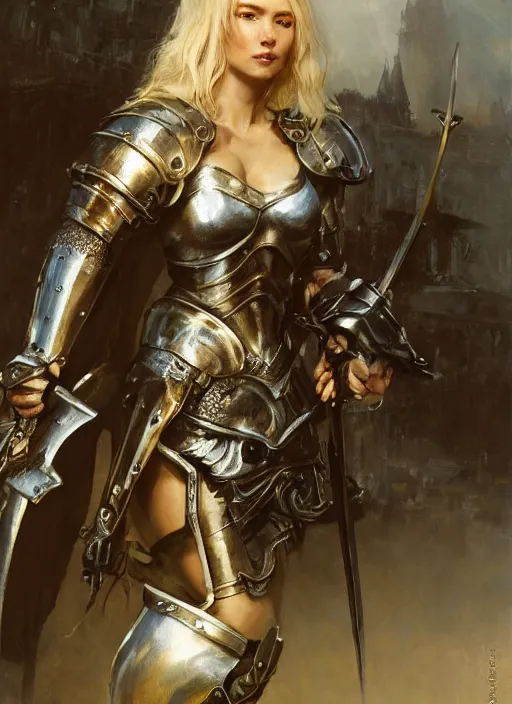 Prompt: short muscular blonde woman wearing realistic medieval armour, detailed by gaston bussiere, bayard wu, greg rutkowski, giger, maxim verehin, greg rutkowski, masterpiece, sharp focus, cinematic lightning