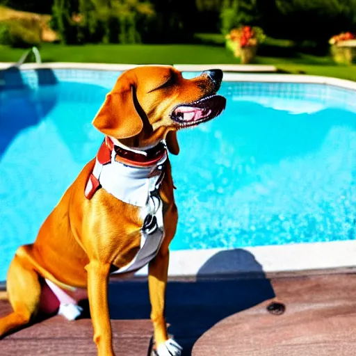 Image similar to a very detailed photo of a dog smoking a cigar outside the mansion by the pool