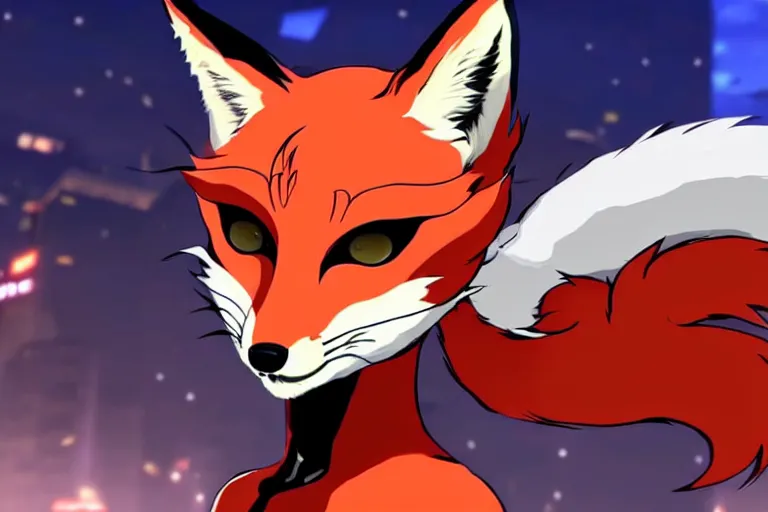 Image similar to a furry tan male fox on a persona 5 : royal ( by atlus ) video game splash screen, a furry male sandcolored tan fox fursona ( has hair ), persona 5 phantom thief style