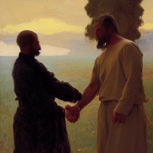 Image similar to A portrait of God and Death shaking hands, vertical symmetry, wide shot, photorealistic, beautiful moody artwork by Ilya Repin and Asher Duran