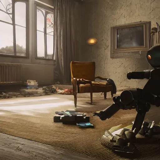 Image similar to Lonely and depressed robot sitting on a couch in front of a large fireplace in a Victorian home in the future. octane render, extremely detailed, cinematic lighting, 8k, lens flare, cinematic movie photograph, closeup portrait, trending on artstation, cgsociety, award-winning art, by Simon Stalenhag.