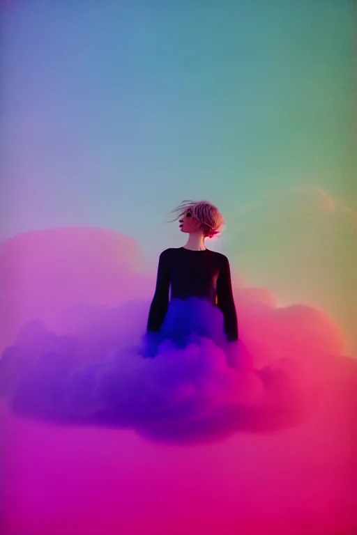 Image similar to high quality pastel coloured film close up wide angle photograph of a model wearing clothing swimming on cloud furniture in a icelandic black rock!! environment in a partially haze filled dreamstate world. three point light, rainbow. photographic production. art directed. pastel colours. volumetric clouds. pastel gradient overlay. waves glitch artefacts. extreme facial clarity. 8 k. filmic.