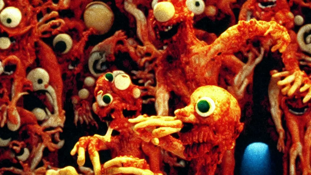 Image similar to the pizza creature eats, film still from the movie directed by wes anderson and david cronenberg with art direction by zdzisław beksinski and dr. seuss