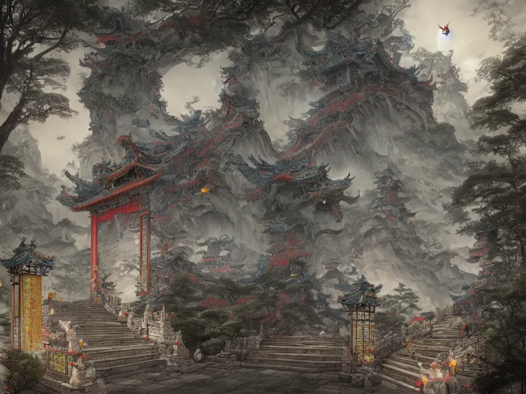 Prompt: tang dynasty shinto gate at the top of many stone steps, a chinese dragon flies behind by peter mohrbacher and dan mumford and nekro, cgsociety, volumetric light, 3 d render