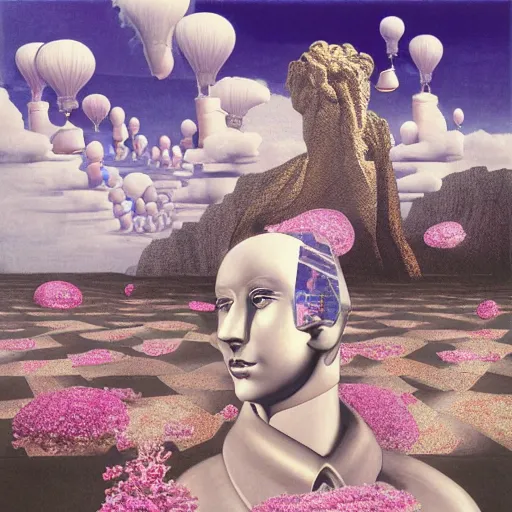 Prompt: David Friedrich, giant marble chess pieces, gold rings, liminal spaces, party balloons, checkered pattern, mirrors, David Friedrich, computer glitch, award winning masterpiece with incredible details, Zhang Kechun, a surreal vaporwave vaporwave vaporwave vaporwave vaporwave painting by Thomas Cole of an old pink mannequin head with flowers growing out, sinking underwater, highly detailed