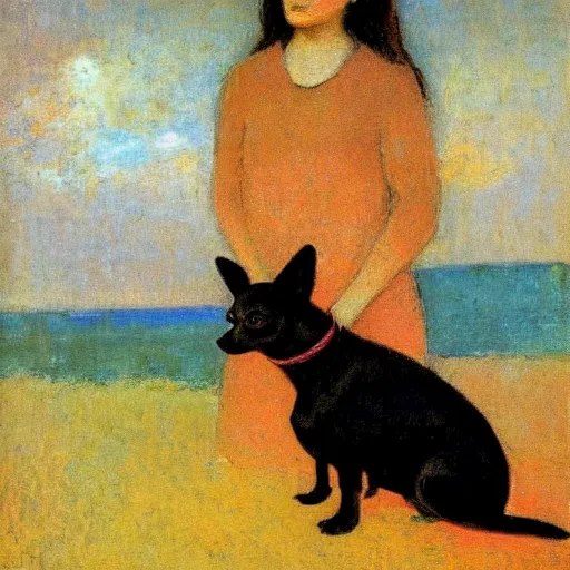 Image similar to a woman and her black and brown chihuahua by the sea by odilon redon