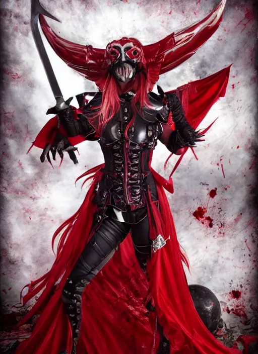 Prompt: full - body portrait of female vampire knight, flying, barefoot, heavy armor, plate armor, carnival mask, giant two - handed sword dripping blood, red wings, grinning, barefeet, detailed, realistic.