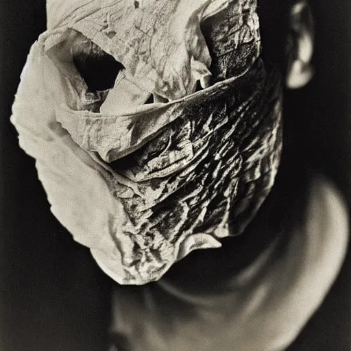 Prompt: black and white photograph the burned man wrapped in linen portrait dramatic lighting by Walker Evans