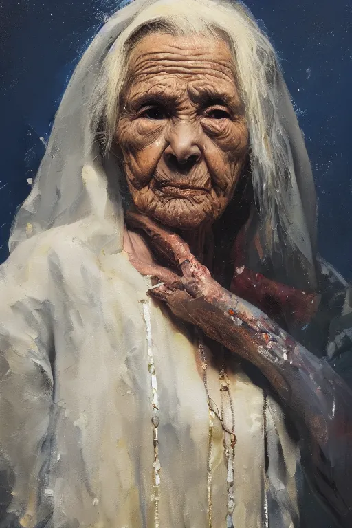 Image similar to palette knife oil painting portrait of ariadne, a mysterious spiritual guide who is a chain smoking old lady in an ashen trench coat. extreme detail, any racial background, artstation trending, artgerm, deviant art, octane, substance, art history 8 k