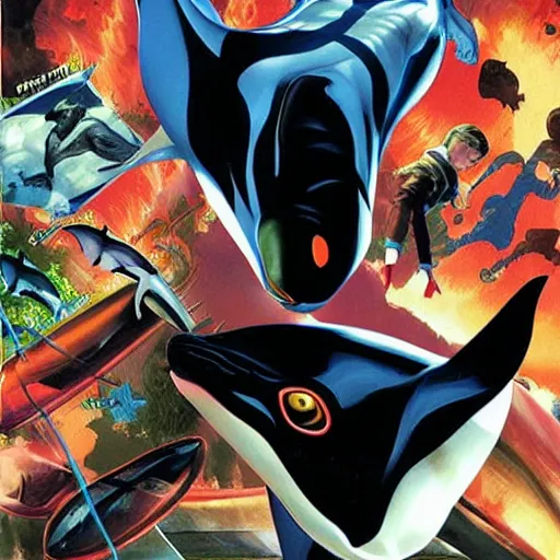 Prompt: comic book cover for'agent 4 7 vs a killer whale ', art by alex ross