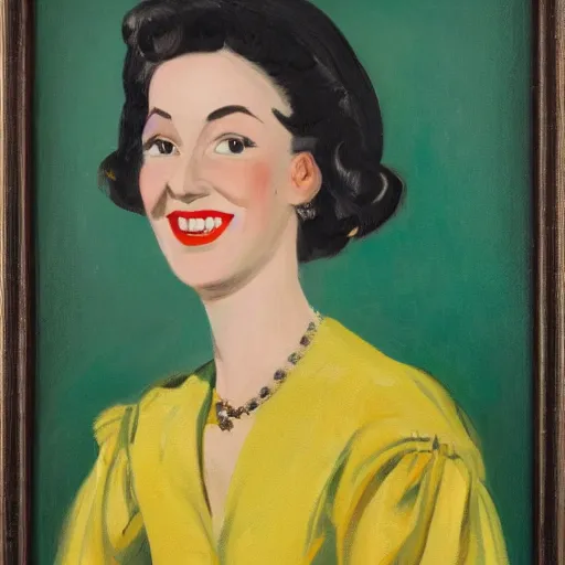 Image similar to a portrait of a young woman from the fifties, seated in front of a landscape background, her black hair is a long curly, she wears a dark green dress, pleated in the front with yellow sleeves, puts her right hand on her left hand, and smiles slightly, oil painting