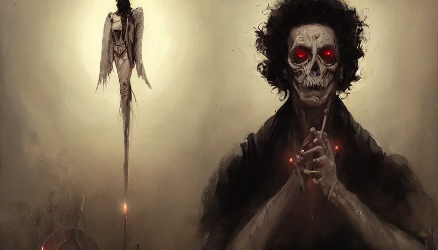 Prompt: A beautiful painting of tim curry as the angel of death by greg rutkowski and Kalin Popov , Trending on artstation HD.