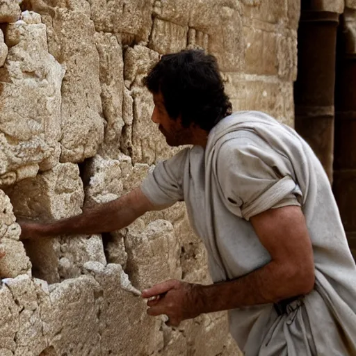 Prompt: award winning cinematic still of 40 year old man in ancient Canaanite clothing building a broken wall in Jerusalem, directed by Steven Spielberg