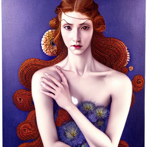 Prompt: portrait of a young attractive nerdy woman in flowing sensual dress, arrogant, long fine flowing hair, delicate, looking at camera, slightly awkward smile, realistic face, realistic hands, stylish, elegant, grimdark fantasy, flowers, extremely detailed painting inspired by Gerald Brom and Ernst Haeckel and Sandro Botticelli , studio lighting