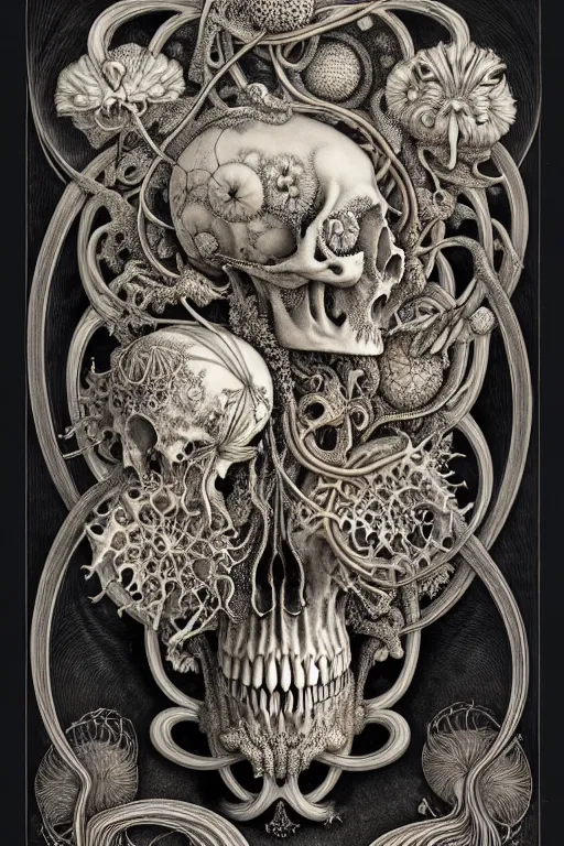 Image similar to art forms of nature by ernst haeckel, memento mori by arthur rackham, ornate antique porcelain beautiful skull mask, ultrasharp, photorealistic, hyperdetailed, octane render, polished, art nouveau, neo - gothic, gothic, intricate ornamental organic filigree, art nouveau botanicals, art forms of nature by ernst haeckel, horizontal symmetry, symbolist, visionary