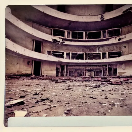 Image similar to old polaroid of a retro futuristic destroyed communist theatre, desolate, award winning, wide angle,