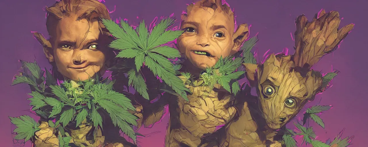 Image similar to duotone concept illustration 3 / 4 portrait of kid face consisting of marijuana, baby groot, cannabis!, cinematic volumentric lighting, jim cheung, david marquez, mike deodato jr, ilya kuvshinov, makoto shinka, behance hd by jesper ejsing, by rhads, hyper detailed, octane render, concept art, artstation