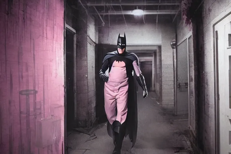 Prompt: michael keaton batman wearing pink apron wielding an axe, chasing through old brown decrepit hallway, creepy smile, atmospheric eerie lighting, photorealistic face, dim lighting, bodycam footage, motion blur, photograph