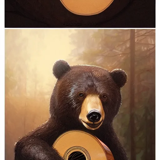 Image similar to realistic bear holding a wooden triangle combined with guitar sound hole and guitar neck, highly detailed, digital painting, artstation, concept art, smooth, sharp focus, illustration, cinematic lighting, art by artgerm and greg rutkowski and alphonse mucha