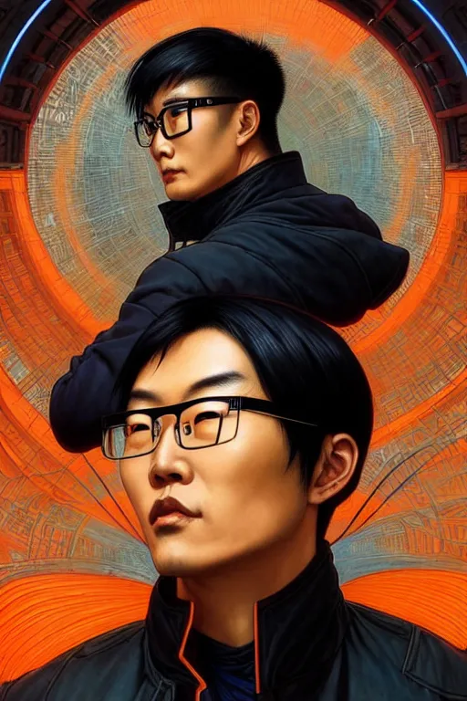 Image similar to an east asian man with short black hair, broad shoulders, thick round spectacles, wearing a bright orange bomber jacket, seductive cyberpunk dark fantasy, art by artgerm and karol bak and moebius and alphonse mucha and greg rutkowski, hyperdetailed, ultrarealistic, octane render
