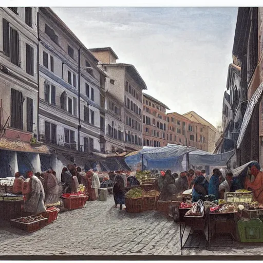 Image similar to the view of a street market, buildings in rome by martinus rørbye