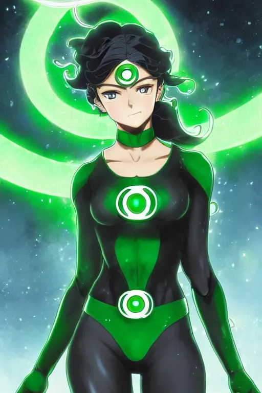 Image similar to anime key visual of a beautiful young female green lantern!! intricate, green and black suit, glowing, powers, dc comics, cinematic, stunning, highly detailed, digital painting, artstation, smooth, hard focus, illustration, art by artgerm and greg rutkowski and alphonse mucha