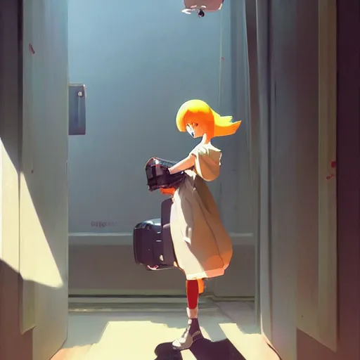 Image similar to goro fujita ilustration heerful girl taking the suitcases out of her house, characterized by masamune shirow, by greg rutkowski., character art, sharp focus, highly detailed, artstation