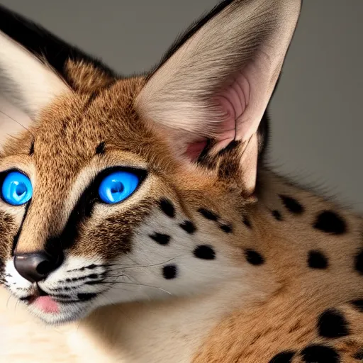 Prompt: beautiful photo of a serval with exotic black markings and blue eyes, 4 k, studio lighting, global illumination, detailed, front page of art station