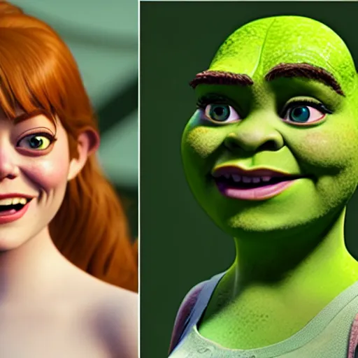 Image similar to Emma Stone as a female version of Shrek, she has shrek nose, ears features, with green skin, fully detailed, high quality , 4k , octane render , soft lightening , masterpiece