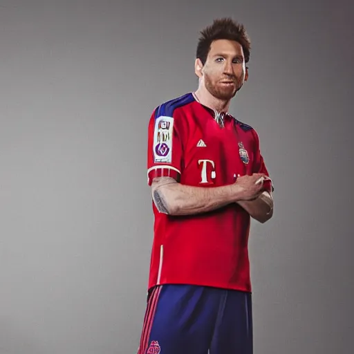 Image similar to a photography of Lionel Messi wearing a Bayern Munich jersey, red background, studio lighting