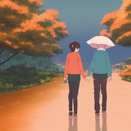 Prompt: a girl age 1 7 wearing a teal sweater and boy with a age 1 7 wearing an teal sweater, walking together under a single orange umbrella through a valley with a mystical atmosphere, looking at each other and blushing, as a medium shot, rule of thirds composition, 8 k detailed, by makoto shinkai, as an anime,