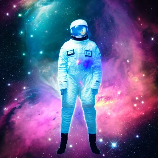 Image similar to modern double exposure monochrome spacesuit over a brilliant iridescent nebula.