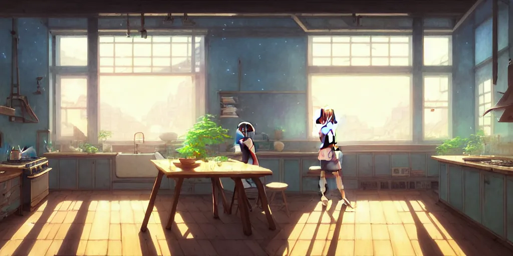 Prompt: interior background art, bright window lit kitchen, morning, steaming food on the stove, wooden floors, houseplants, ghosts, cottage decor, anime, trending on pixiv fanbox, painted by greg rutkowski makoto shinkai takashi takeuchi studio ghibli, akihiko yoshida