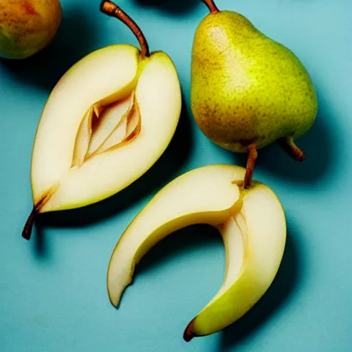 Image similar to a pear cut into seven pieces arranged in a ring